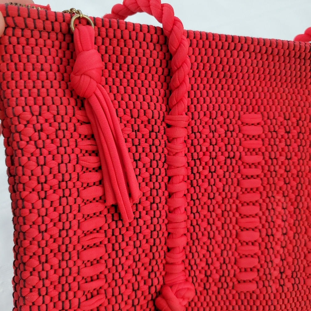 Vintage Red Boho Crochet Fabric Tote Handbag - Picture 3 of 11